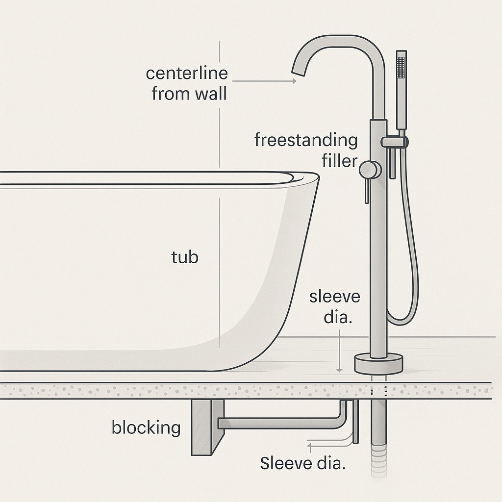Freestanding tub filler coordinated with structure and sleeves